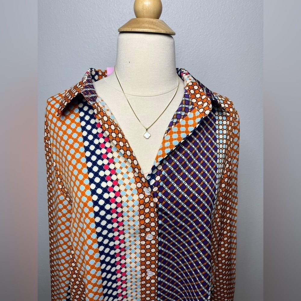 Multicolor polka dot long sleeve button up size large New - Picture 3 of 6